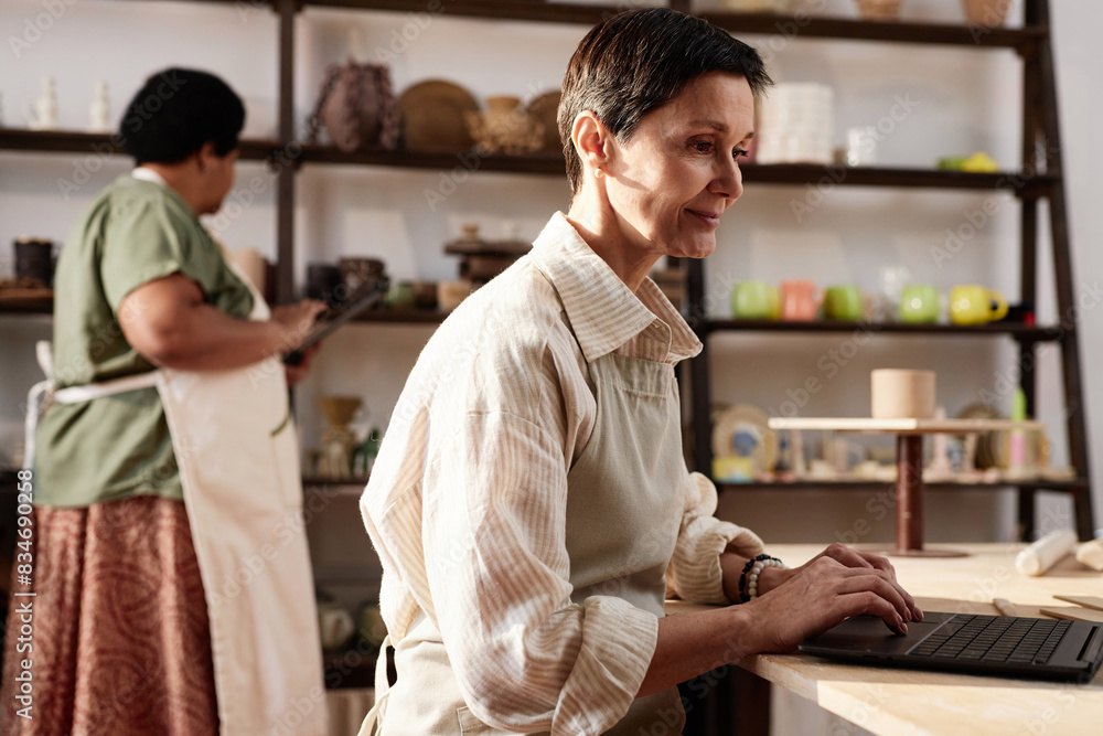 Obraz premium Side view portrait of mature woman using computer in art studio and managing small business copy space