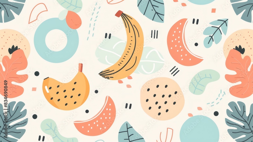 A banana, pear, and leaf pattern on a white background with blue, orange, pink, and green leaves White background with black dots only A banana, pear, and leaf pattern on a white background with blue, orange, pink, and green leaves White background with black dots only