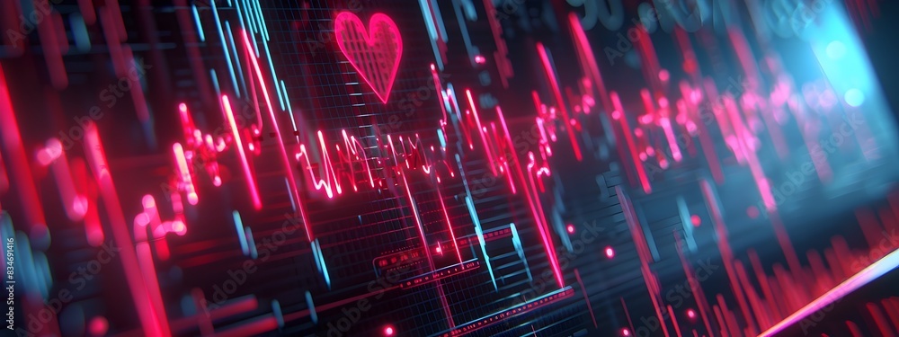 Obraz premium Futuristic Glowing Heart Rate Monitor Display with Pulsing Neon Waves and Rhythm Visualization