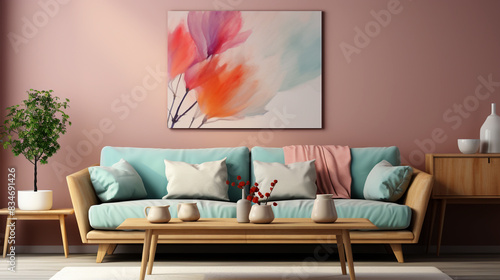 Living room poster frame mockup design concept with sofa set and flower vase, poster frame mockup, poster mockup © s1pkmondal143