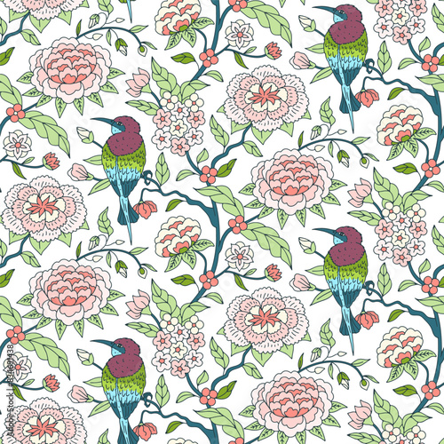 Seamless pattern with colorful chinoiserie hand drawn flowers and birds motifs. Floral wallpaper with chinese style ornament. (ID: 834691438)