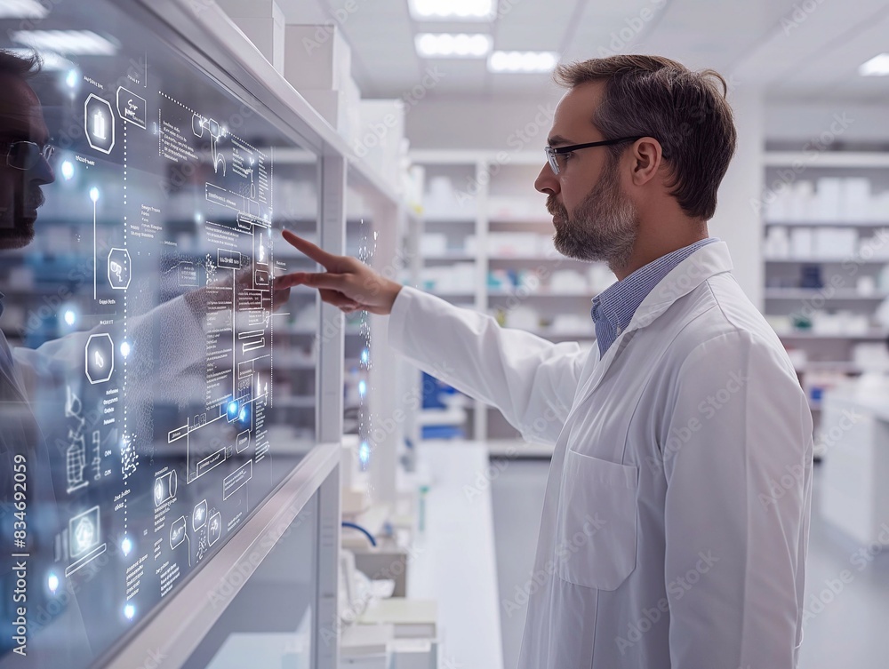 A pharmacist is using holographic graphics in a research room. generative ai art A pharmacist is using holographic graphics in a research room. generative ai art
