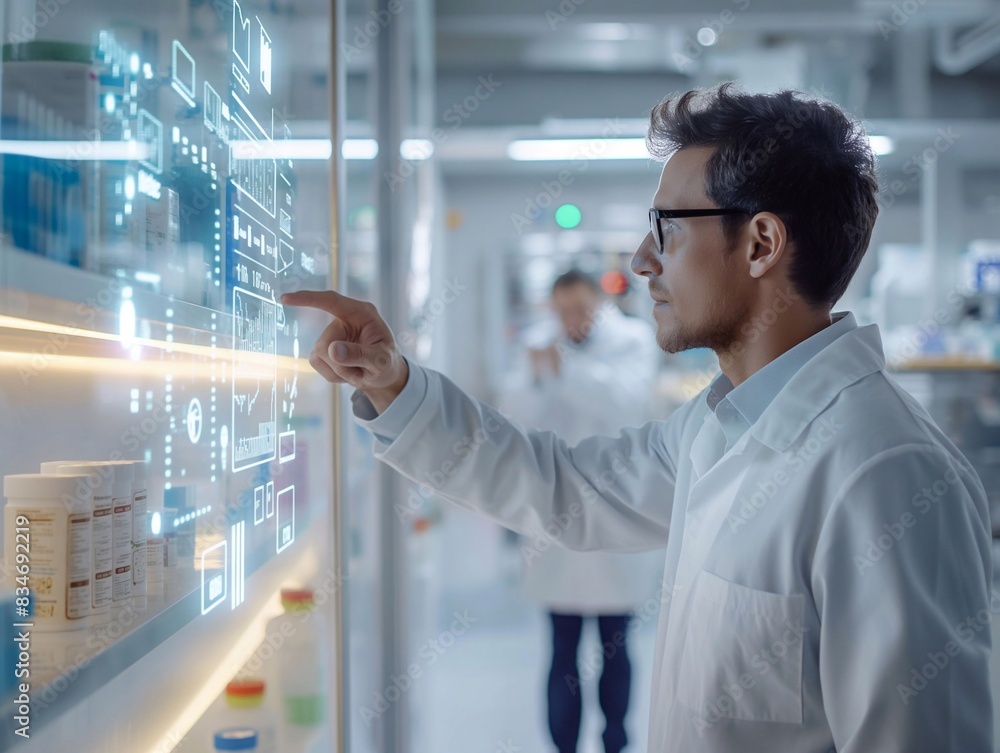 A pharmacist is using holographic graphics in a research room. generative ai art A pharmacist is using holographic graphics in a research room. generative ai art