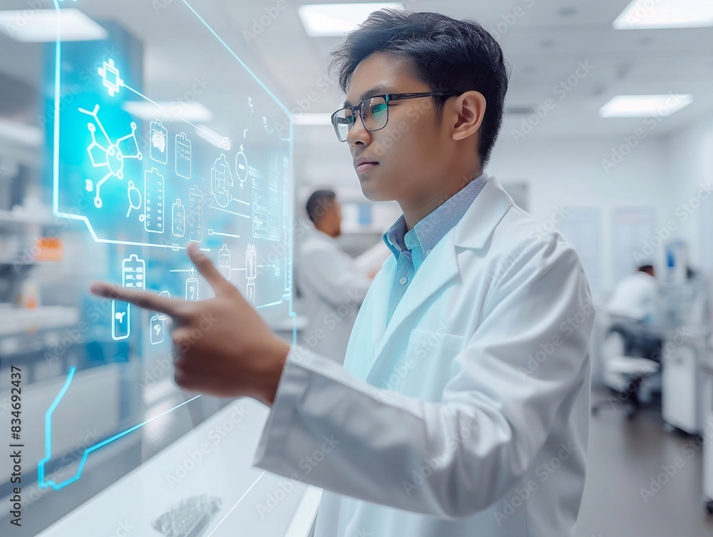 A pharmacist is using holographic graphics in a research room. generative ai art A pharmacist is using holographic graphics in a research room. generative ai art