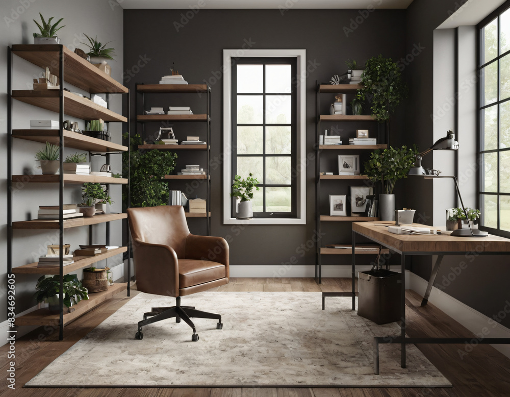 a high-quality 3D render of a stylish and functional home office. Incorporate a sleek desk, an ergonomic chair, and ample storage solutions like shelves and cabinets a high-quality 3D render of a stylish and functional home office. Incorporate a sleek desk, an ergonomic chair, and ample storage solutions like shelves and cabinets