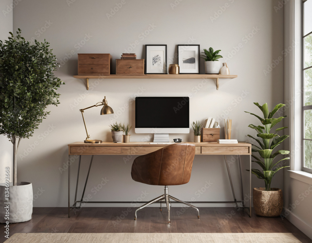 a high-quality 3D render of a stylish and functional home office. Incorporate a sleek desk, an ergonomic chair, and ample storage solutions like shelves and cabinets a high-quality 3D render of a stylish and functional home office. Incorporate a sleek desk, an ergonomic chair, and ample storage solutions like shelves and cabinets