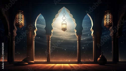 Moon light shine through the window into islamic mosque interior. Ramadan Kareem islamic background, generative ai