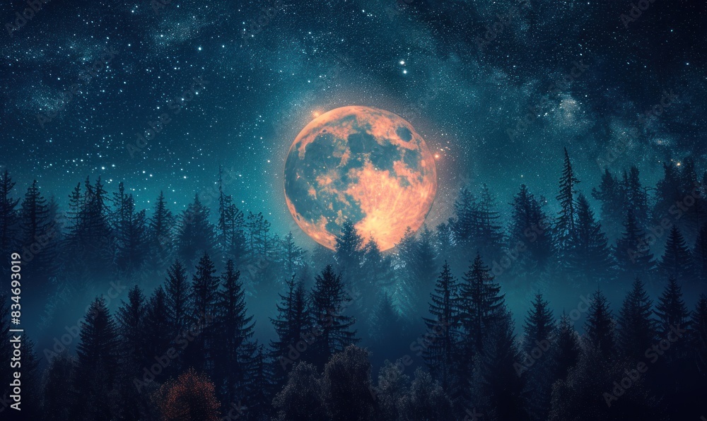 Beautiful full moon silhouette view and forest Beautiful full moon silhouette view and forest