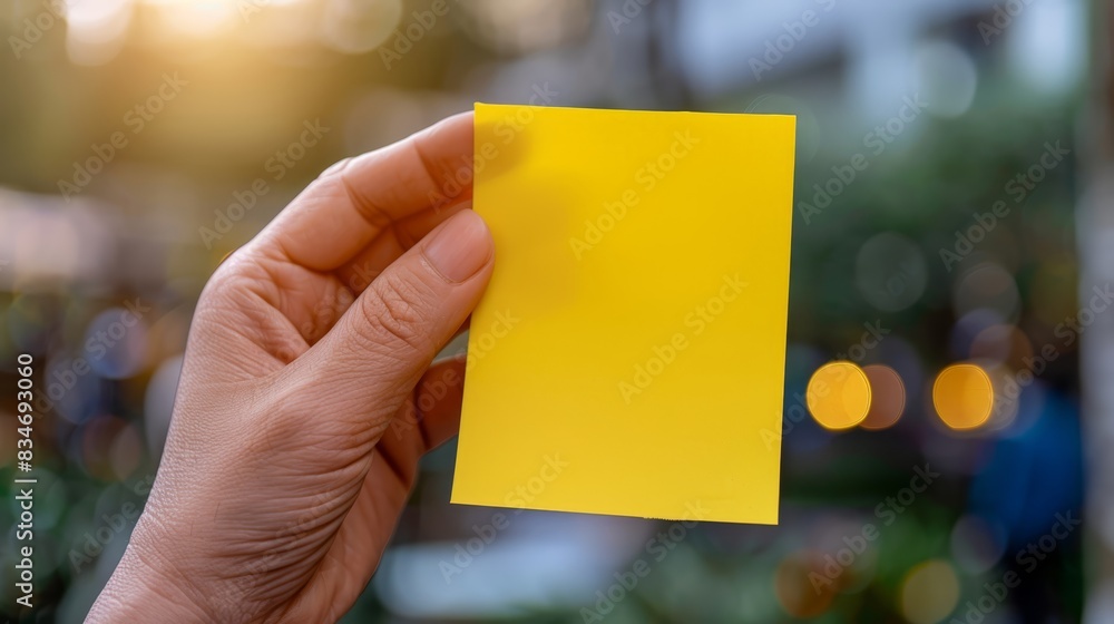 A hand holds a yellow sheet of paper in front of a blurred backdrop of trees and a building Light filters through the top of the frame, illuminating the document A hand holds a yellow sheet of paper in front of a blurred backdrop of trees and a building Light filters through the top of the frame, illuminating the document