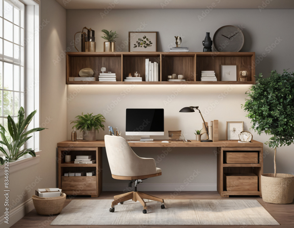 a high-quality 3D render of a stylish and functional home office. Incorporate a sleek desk, an ergonomic chair, and ample storage solutions like shelves and cabinets a high-quality 3D render of a stylish and functional home office. Incorporate a sleek desk, an ergonomic chair, and ample storage solutions like shelves and cabinets