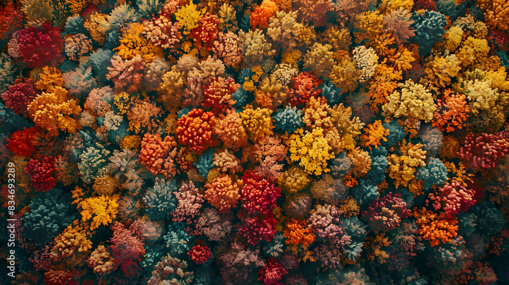 A tranquil forest displaying trees in different autumnal phases where most are orange while a few remain green creating a peaceful and serene natural landscape A tranquil forest displaying trees in different autumnal phases where most are orange while a few remain green creating a peaceful and serene natural landscape