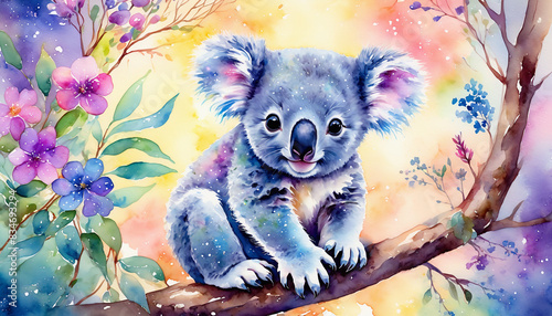 Cute koala on branch in the forest, watercolor painting style, generative AI.
