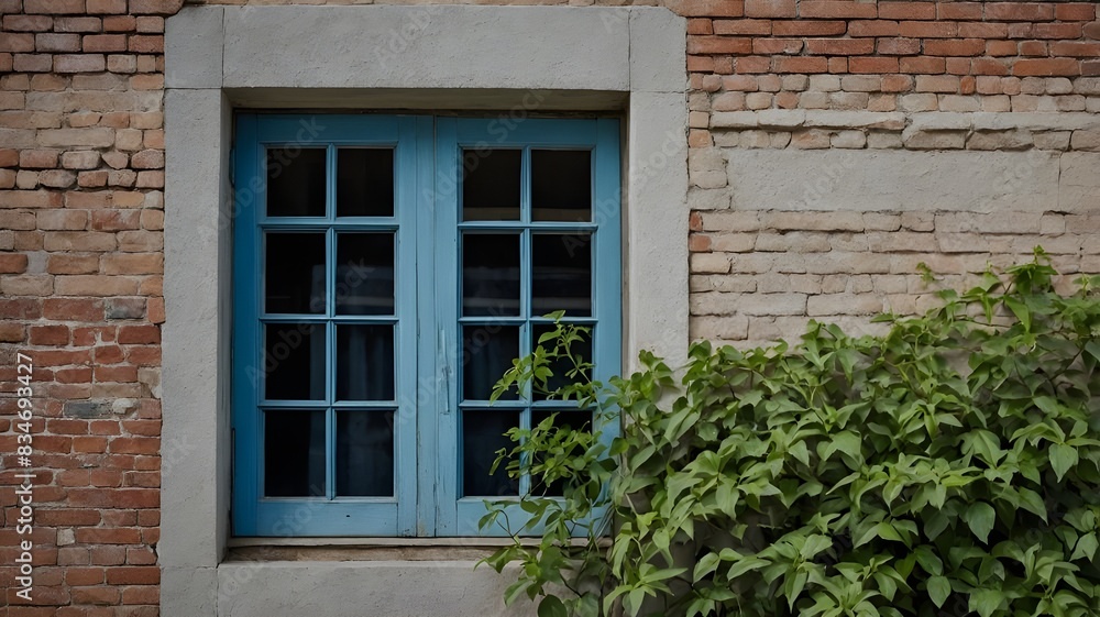 a blue window with a blue frame and a green plant in front of it in old beautiful and simple house. a blue window with a blue frame and a green plant in front of it in old beautiful and simple house.