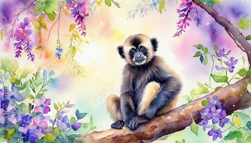 Cute gibbon on branch in the forest, watercolor painting style, generative AI.