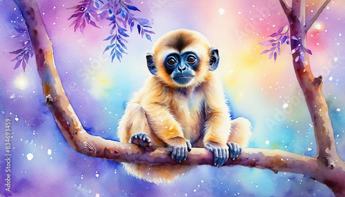 Cute gibbon on branch in the forest, watercolor painting style, generative AI.