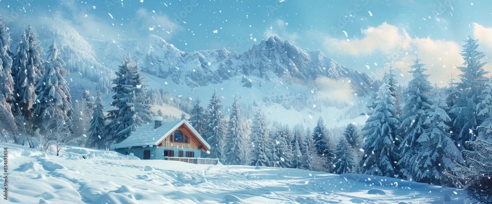 Mountain Cabin Exterior With Snowy Landscape, Pine Trees, Cozy Feel, Minimalist Landscape Style, Cool Blues And Whites, Soft Snowfall Mountain Cabin Exterior With Snowy Landscape, Pine Trees, Cozy Feel, Minimalist Landscape Style, Cool Blues And Whites, Soft Snowfall