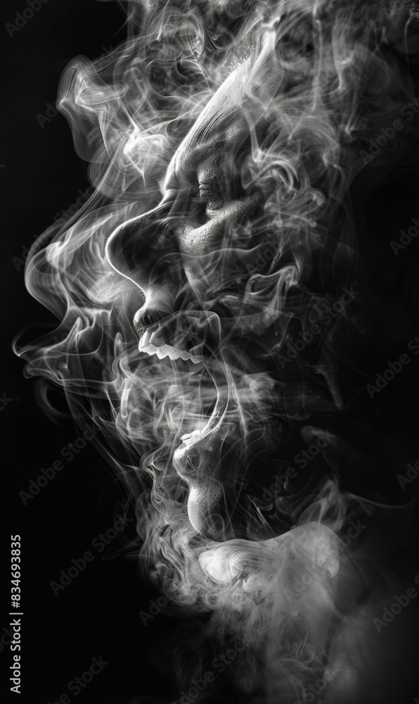 Haunting portrait of a screaming man made of smoke. AI. Haunting portrait of a screaming man made of smoke. AI.