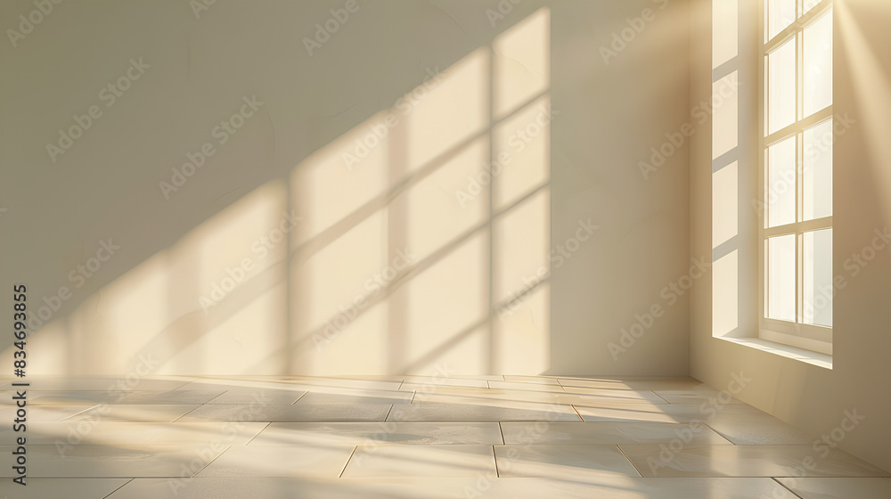Obraz premium Minimalistic abstract simple gentle light beige background for product presentation with light and beautiful shadow from window on wall
