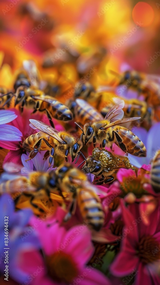 A swarm of bees collecting nectar from a flower. AI.