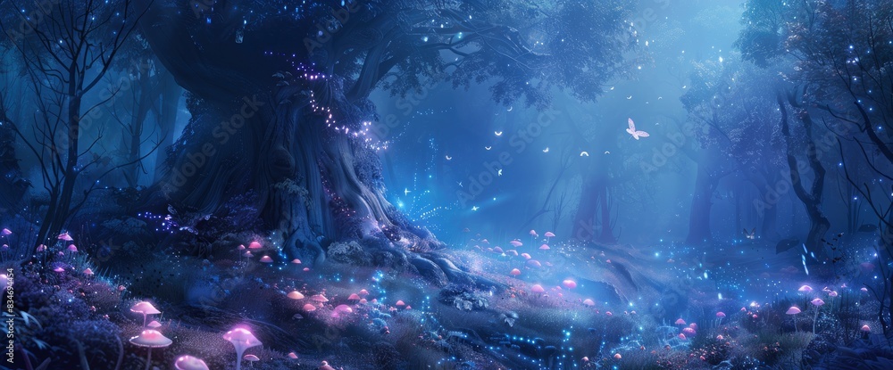 Mystical Forest With Ancient Trees, Fairies, Glowing Mushrooms, Magical Atmosphere, Fantasy-Inspired Illustration Style, Ethereal Palette, Soft Moonlight Mystical Forest With Ancient Trees, Fairies, Glowing Mushrooms, Magical Atmosphere, Fantasy-Inspired Illustration Style, Ethereal Palette, Soft Moonlight