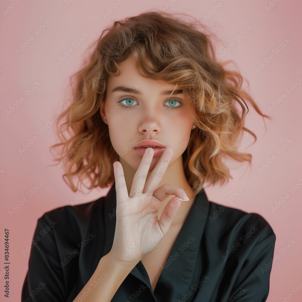 Photo of a striking girl with curly blonde hair, surprised expression, light pink background. Photo of a striking girl with curly blonde hair, surprised expression, light pink background.