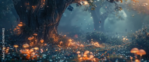 Mystical Forest With Ancient Trees, Fairies, Glowing Mushrooms, Magical Atmosphere, Fantasy-Inspired Illustration Style, Ethereal Palette, Soft Moonlight
