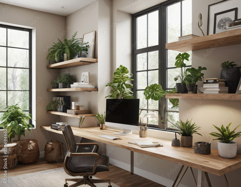 a high-quality 3D render of a stylish and functional home office. Incorporate a sleek desk, an ergonomic chair, and ample storage solutions like shelves and cabinets a high-quality 3D render of a stylish and functional home office. Incorporate a sleek desk, an ergonomic chair, and ample storage solutions like shelves and cabinets
