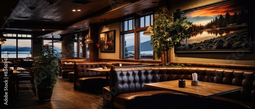 Fototapeta Naklejka Na Ścianę i Meble -  Luxurious restaurant interior with a beautiful lake view. AI.