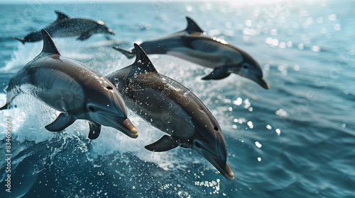 A group of dolphins jumping out of the water. AI. photo