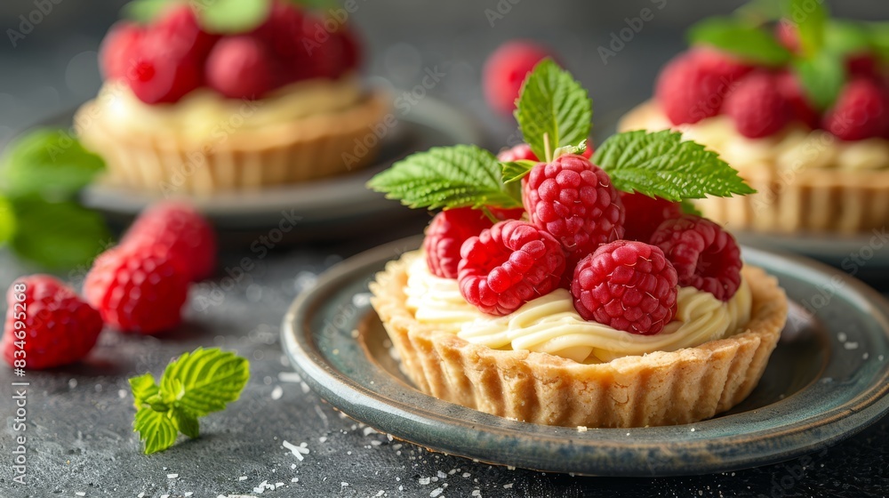 A tight shot of a cupcake on a plate, adorned with raspberries atop and a scattering below A tight shot of a cupcake on a plate, adorned with raspberries atop and a scattering below