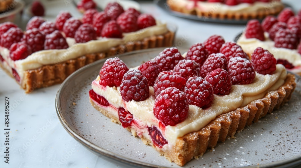 A slice of pie topped with raspberries sits on a plate, adjacent to a steaming cup of coffee Another plate holding various desserts occupies the table A slice of pie topped with raspberries sits on a plate, adjacent to a steaming cup of coffee Another plate holding various desserts occupies the table