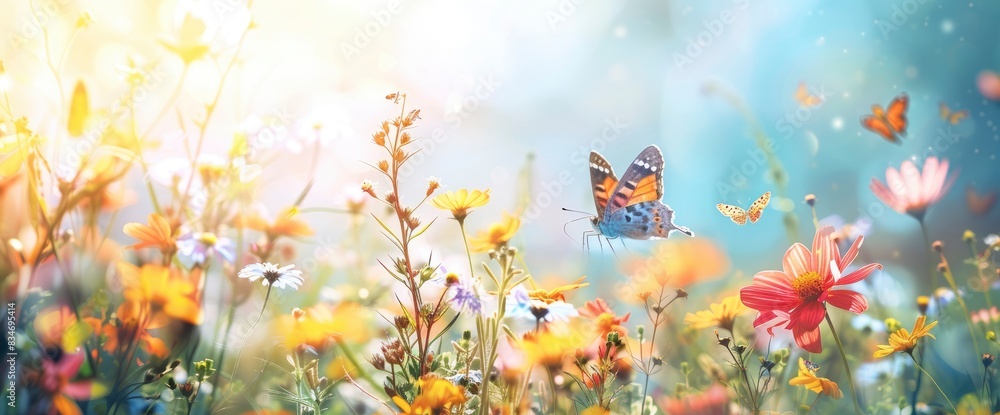 Sunny Meadow With Wildflowers, Butterflies, Blue Sky, Peaceful Ambiance, Whimsical Illustration Style, Vibrant Pastel Palette, Soft Sunlight Sunny Meadow With Wildflowers, Butterflies, Blue Sky, Peaceful Ambiance, Whimsical Illustration Style, Vibrant Pastel Palette, Soft Sunlight