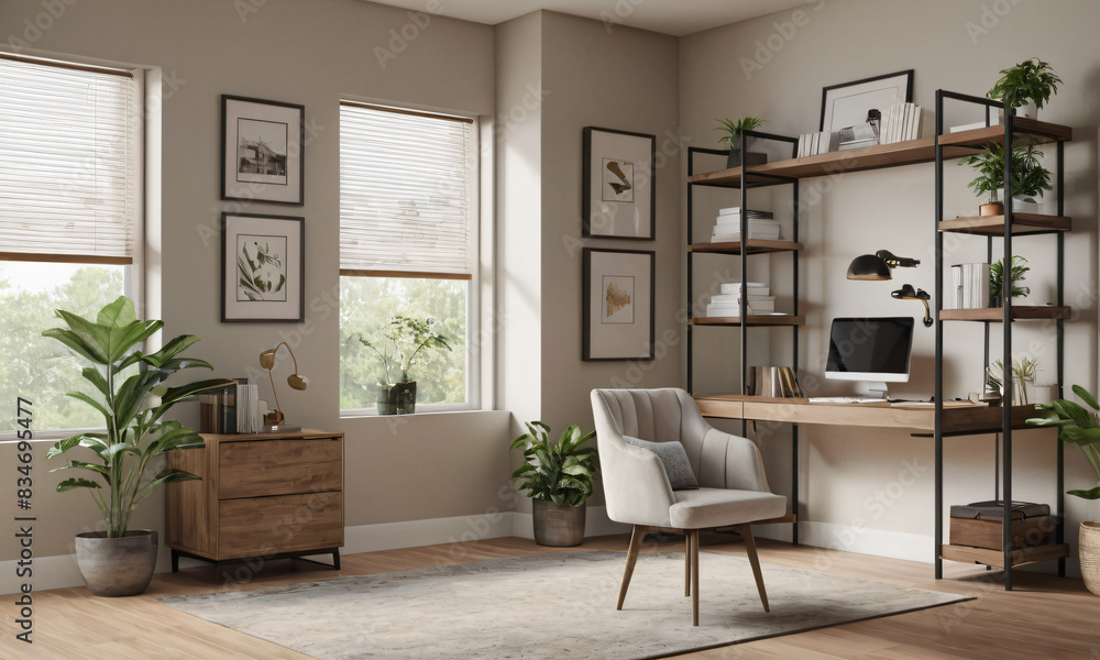 a high-quality 3D render of a stylish and functional home office. Incorporate a sleek desk, an ergonomic chair, and ample storage solutions like shelves and cabinets a high-quality 3D render of a stylish and functional home office. Incorporate a sleek desk, an ergonomic chair, and ample storage solutions like shelves and cabinets