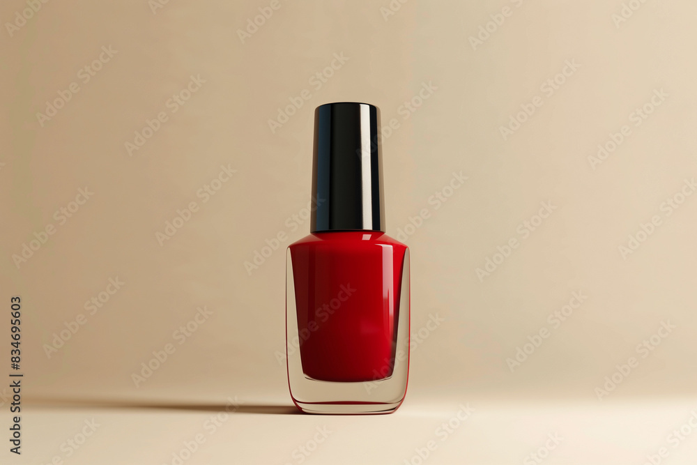 Red nail polish bottle mockup, beige background Red nail polish bottle mockup, beige background
