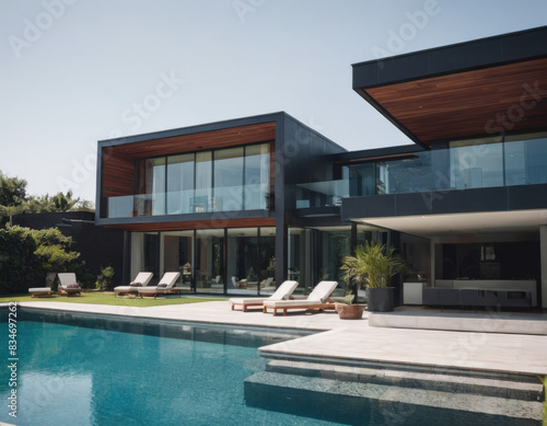 Una villa moderna con pareti in vetro si affaccia su una piscina a sfioro, creando un effetto di continuità con il paesaggio circostante. 