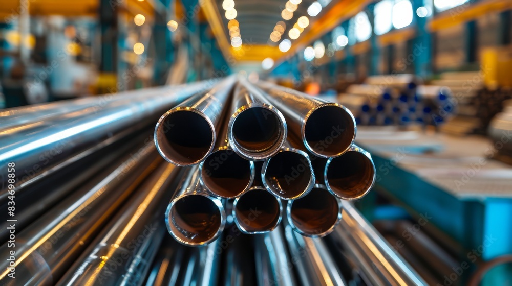 Industrial Precision: Close-up of a stack of steel pipes in a warehouse, highlighted by a realistic depiction of light and shiny effects against a blurry background. Industrial Precision: Close-up of a stack of steel pipes in a warehouse, highlighted by a realistic depiction of light and shiny effects against a blurry background.
