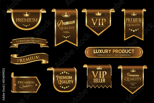 Golden luxury labels and badges premium quality certificate ribbons vector illustration 