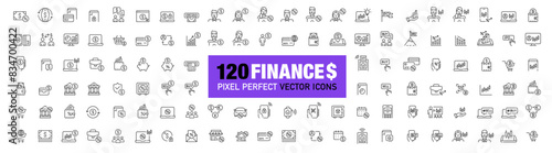 120 Money and finances related icons. Banking, stock trading, cryptocurrency and others. Pixel perfect, editable stroke vector icons