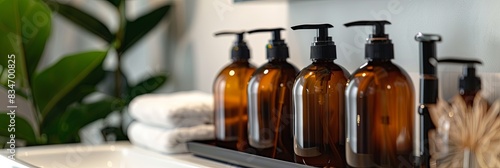 Close-up of luxury amber bottles of shampoo and conditioner in a modern bathroom setting. Generative AI