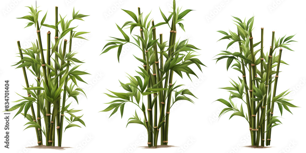 Fototapeta premium A row of five green bamboo plants growing in small stone pots against a white background