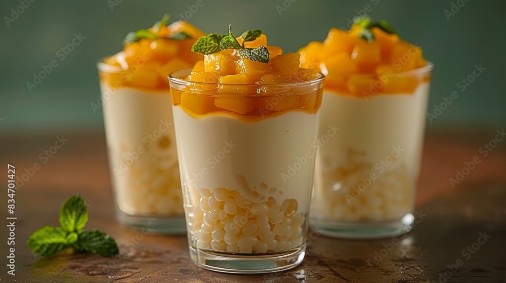A close-up of a dessert in a glass, adorned with a mint garnish on the rim No additional garnishes are visible within the garnish A close-up of a dessert in a glass, adorned with a mint garnish on the rim No additional garnishes are visible within the garnish