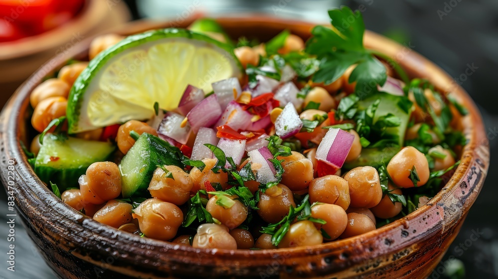 A wooden bowl filled with a salad of chickpeas, cucumbers, onions, cilantro, and lime A wooden bowl filled with a salad of chickpeas, cucumbers, onions, cilantro, and lime