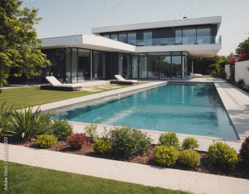 La casa moderna ha una piscina con jacuzzi integrata  ideale per momenti di relax e benessere. 