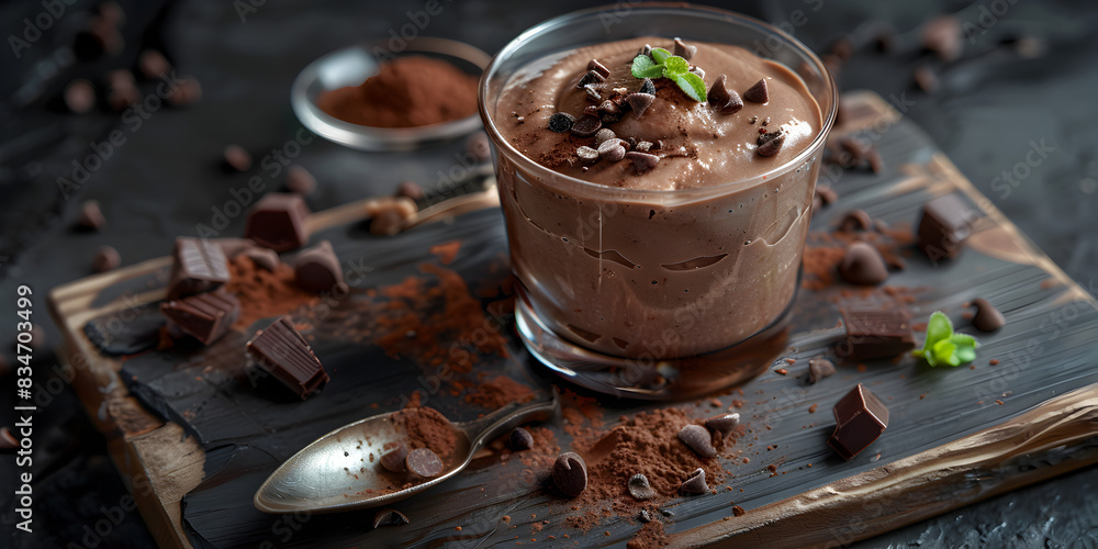 Chocolate Mousse Food, bowls of chocolate pudding with whipped cream and mint leaves. Chocolate Mousse Food, bowls of chocolate pudding with whipped cream and mint leaves.