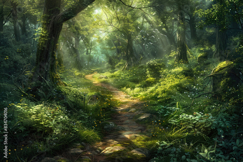 A mystical forest path with dappled sunlight and lush greenery