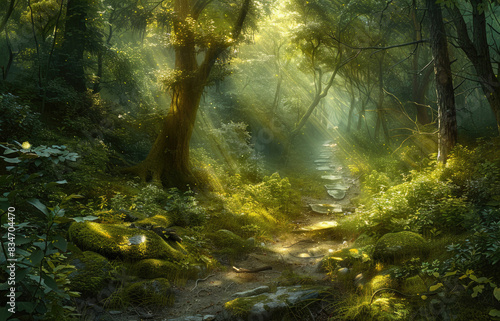 A mystical forest path with dappled sunlight and lush greenery