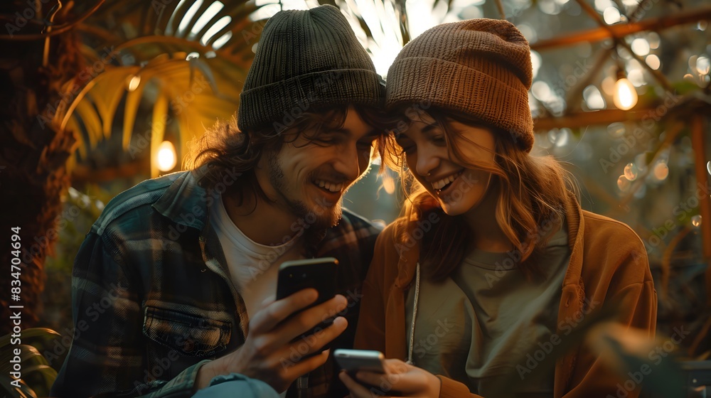 Young couple enjoying together and using smartphone