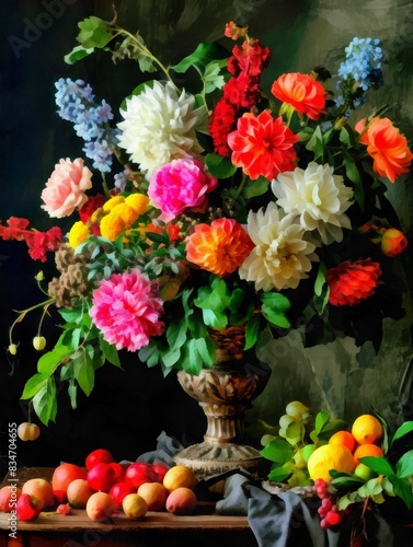 Wallpaper Mural Still life image flowers in a vase and fruits, imitation oil painting. Torontodigital.ca