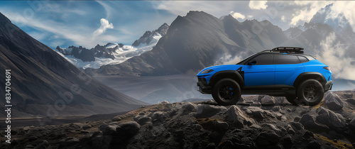 Blue sports SUV half side view with ample copy space on rugged terrain background for adventure vehicle promotions