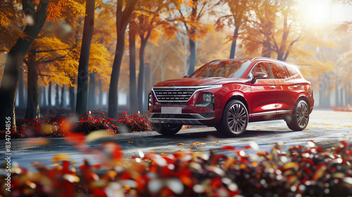 Elegant red SUV front left view with copy space for text on blurred nature background for ads
